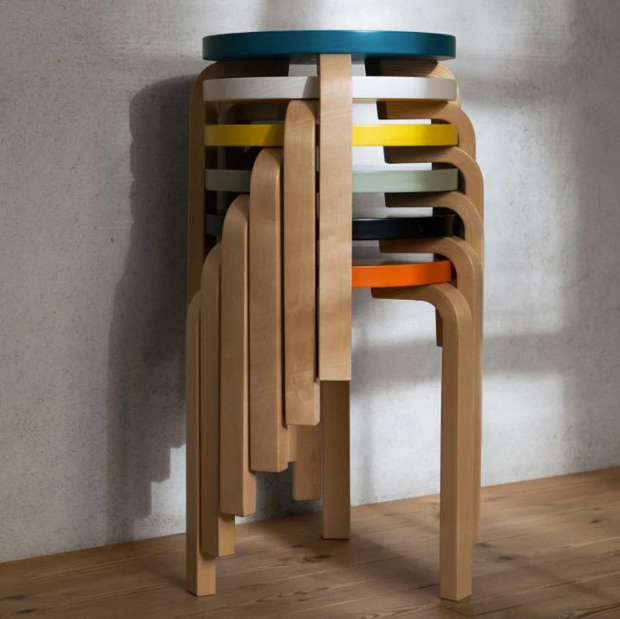 Artek Stool 60, Legs Natural Lacquered, Seat Blue Lacquered