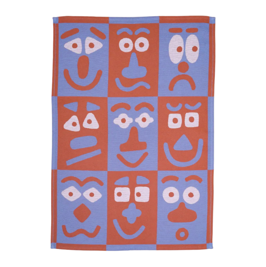 Making Faces Blue/Brown Tea Towel