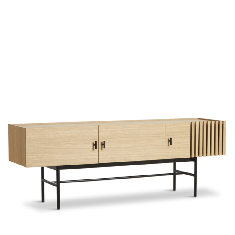 Array Low Sideboard (150 cm), White pigmented Oak with Black Painted Metal Legs