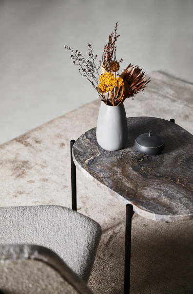 La Terra Occasional Table (Small), Grey Melange Travertine Top With Black Painted Metal Legs